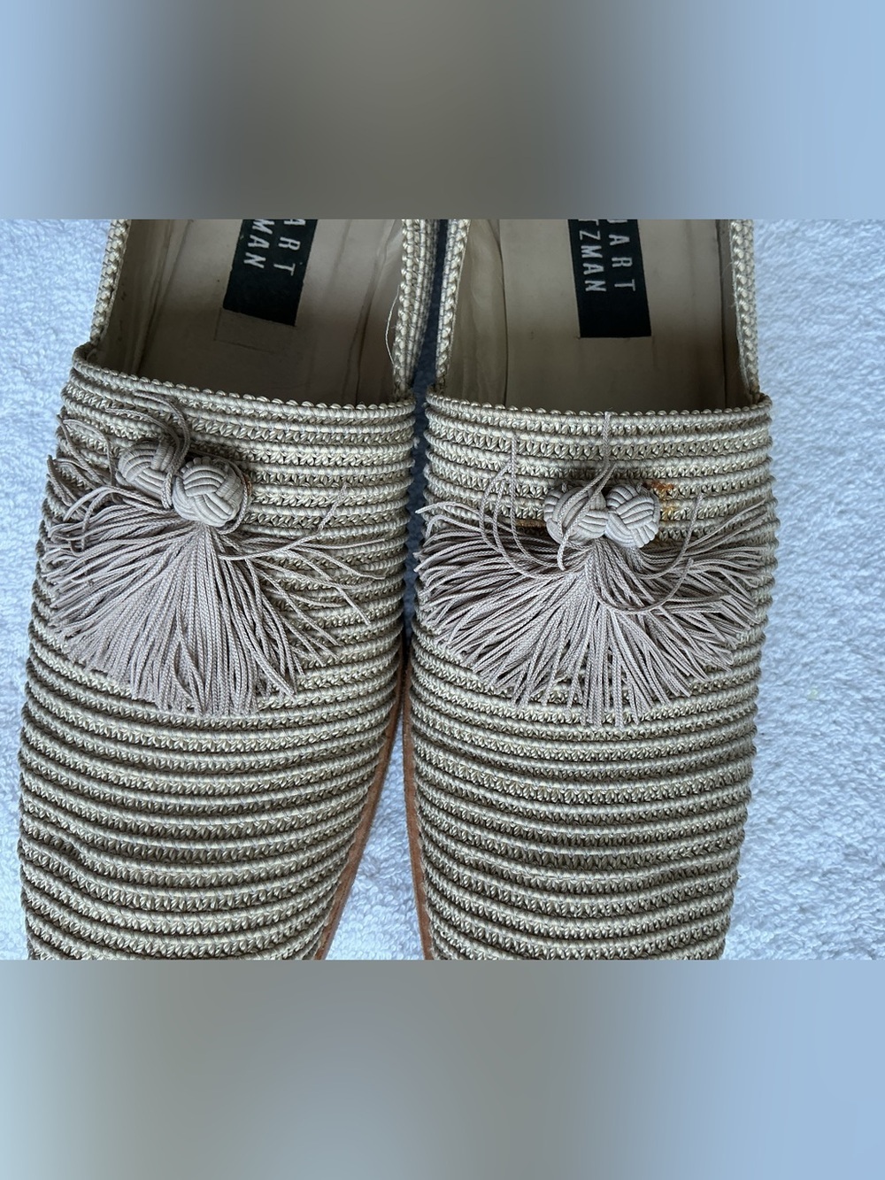 Stuart Weitzman Taupe Raffia Tassel Slip-Ons - Picture 10 of 15